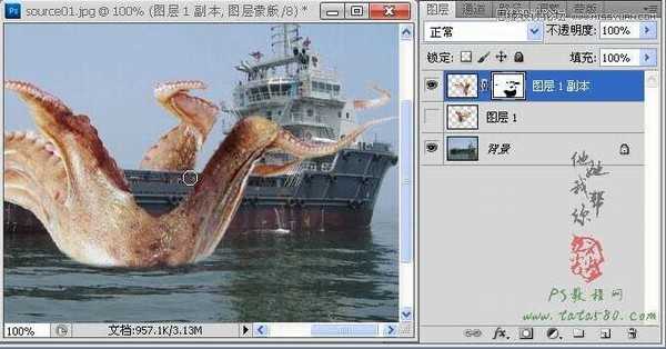 Photoshop合成史前大章鱼袭击轮船效果