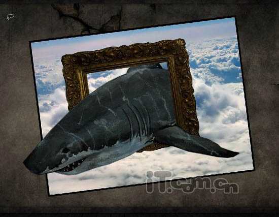 PS合成3D画:从相框当中冲出的鲨鱼