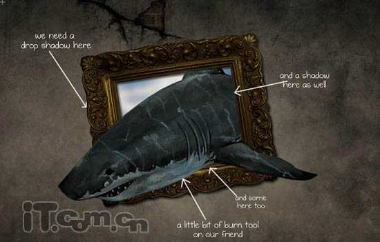 PS合成3D画:从相框当中冲出的鲨鱼