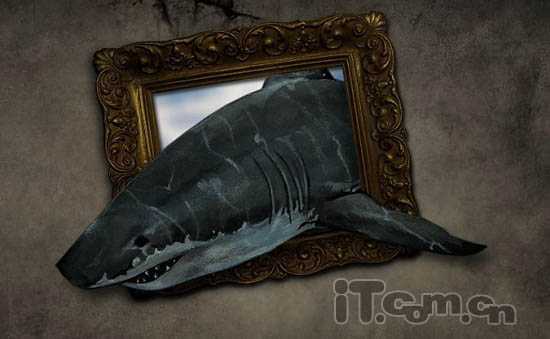 PS合成3D画:从相框当中冲出的鲨鱼