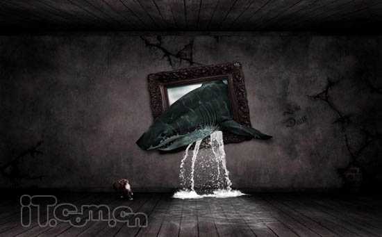 PS合成3D画:从相框当中冲出的鲨鱼