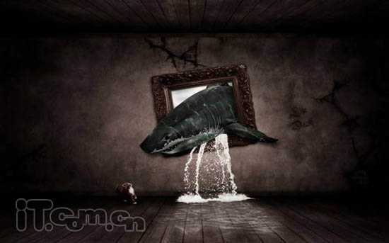 PS合成3D画:从相框当中冲出的鲨鱼