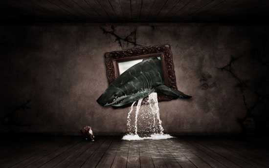 PS合成3D画:从相框当中冲出的鲨鱼